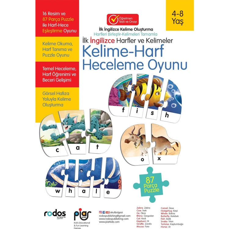 Piar Kids / İlk İngilizce Harfler ve Kelimeler / Kelime-Harf Heceleme-Puzzle Oyunu / Kelime Oluşturma /4-8 Yaş