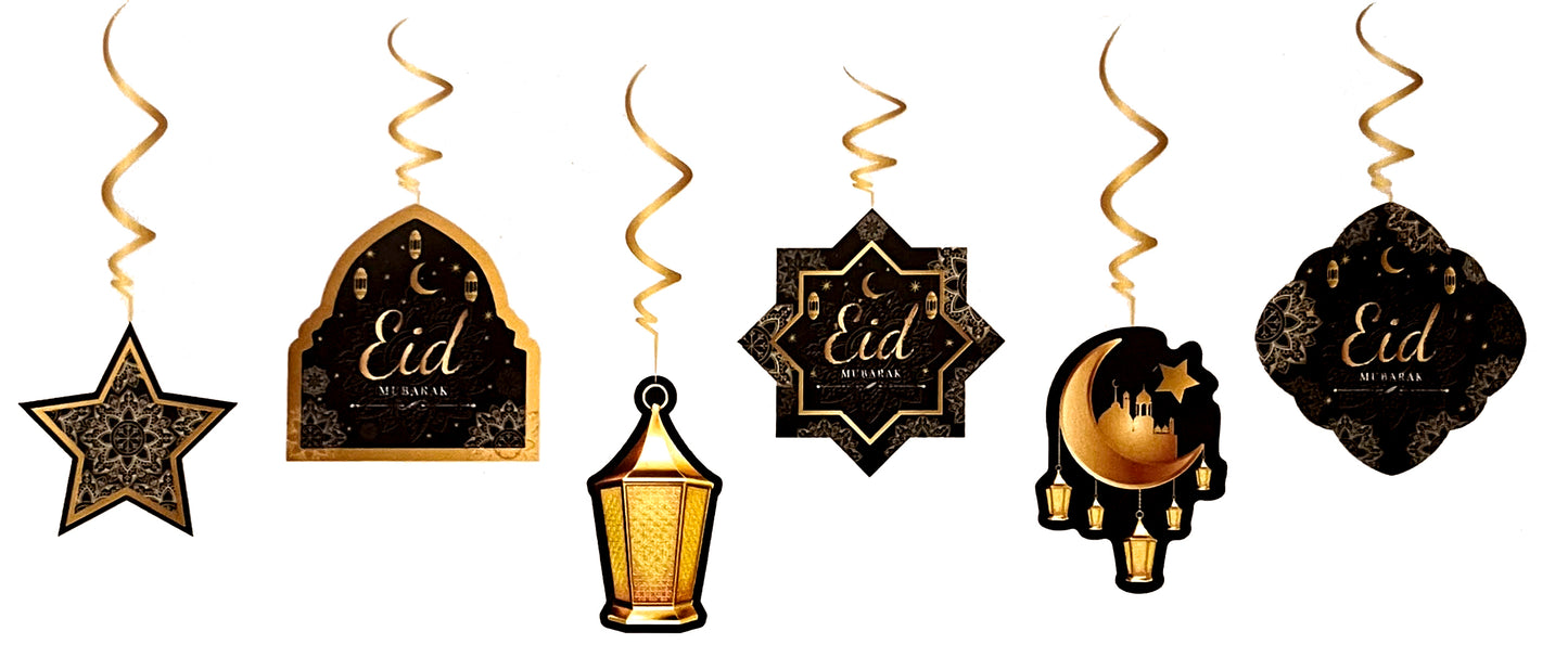 Eid Mubarak Ceiling Decoration - 6 Pcs - 70 Cm - Gold