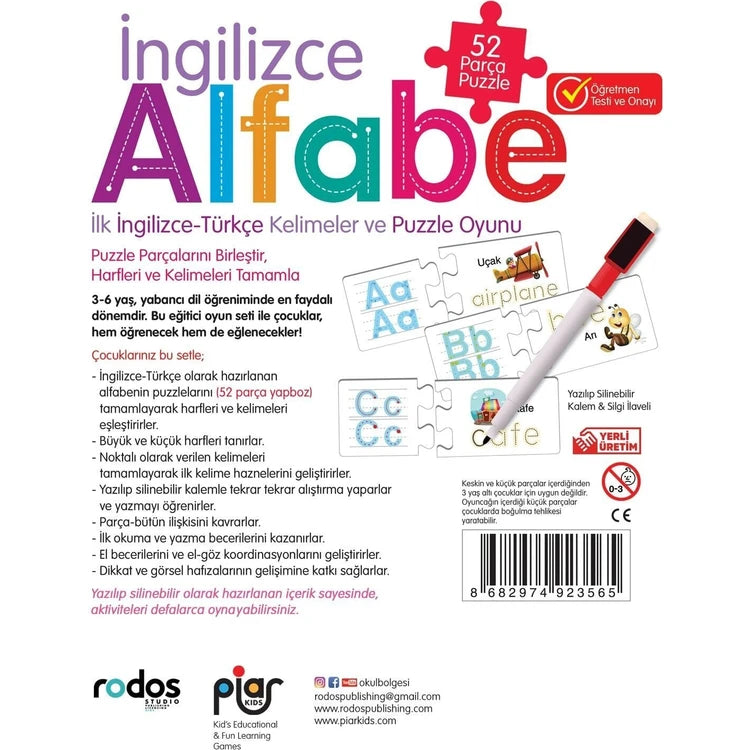Piar Kids
Piar Kids / İngilizce Alfabe / İlk İngilizce-Türkçe Kelimeler ve Puzzle Oyunu / 52 Parça Puzzle / 3-6 Yaş
- / 3-6 Yaş