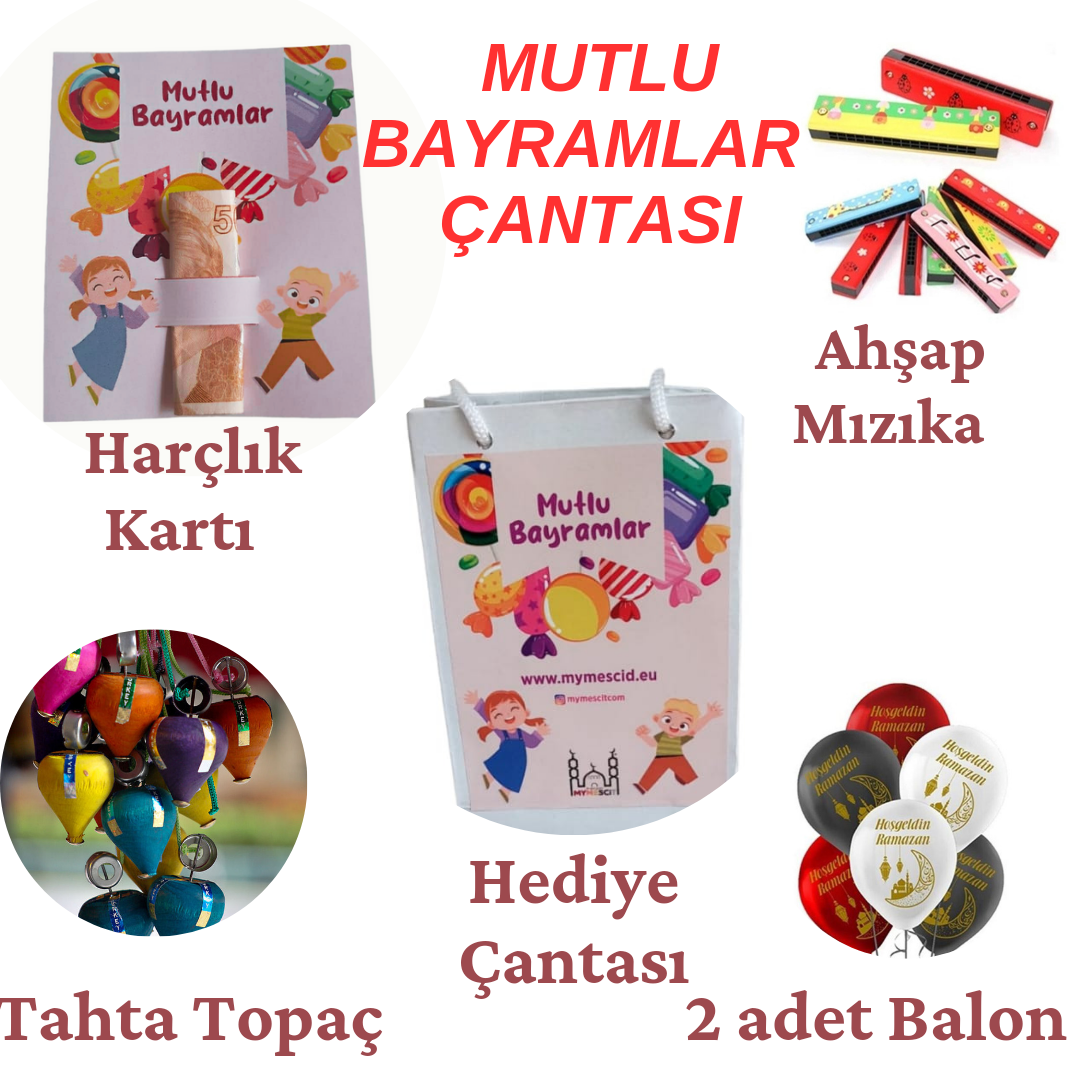 Mutlu Bayramlar Çantası ( Ahsap Mızıka+Tahta Topaç + Harçlık Kartı + 2 Adet Balon )