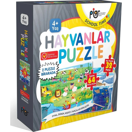 Piar Kids / Hayvanlar Puzzle / 64 Parça Puzzle / 2 Puzzle Bir Arada / 4+ Yaş