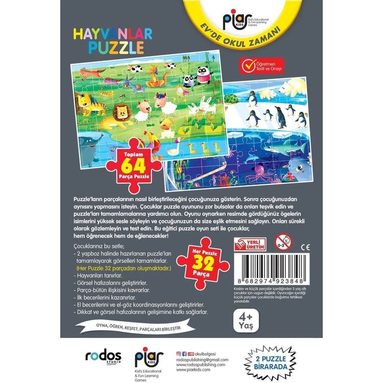 Piar Kids / Hayvanlar Puzzle / 64 Parça Puzzle / 2 Puzzle Bir Arada / 4+ Yaş