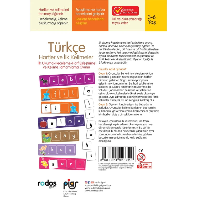 Türkçe İlk Harfler ve Kelimeler/İlk Okuma-Heceleme-Harf Eşleştirme ve Kelime Tamamlama Oyunu/3-6 Yaş