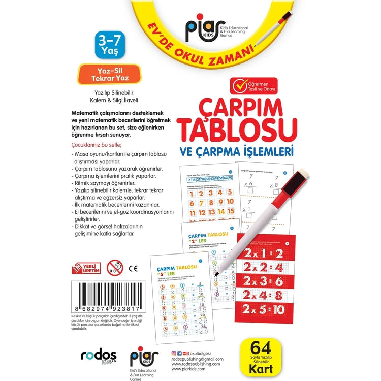 Piar Kids / Çarpım Tablosu ve Çarpma Işlemleri / Yaz-Sil-Tekrar Yaz / 3-7 Yaş

2 Değerlendirme