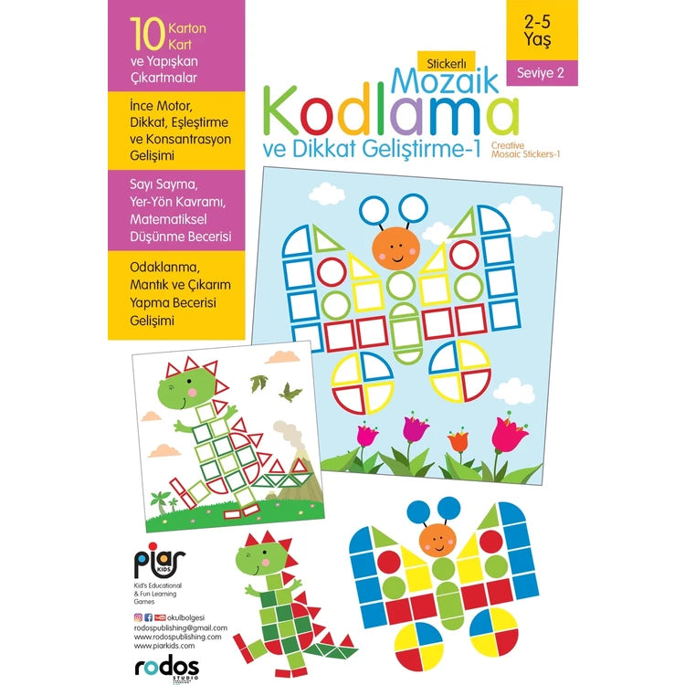 Piar Kids / Stickerlı Mozaik Kodlama ve Dikkat Geliştirme Seti /Seviye 1 / 2-5 Yaş