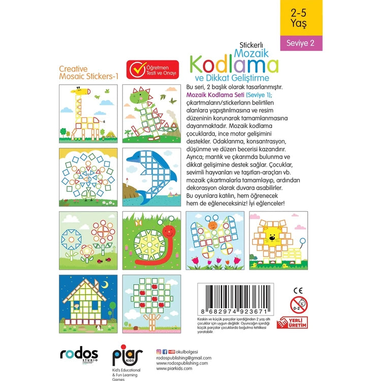 Piar Kids / Stickerlı Mozaik Kodlama ve Dikkat Geliştirme Seti /Seviye 1 / 2-5 Yaş