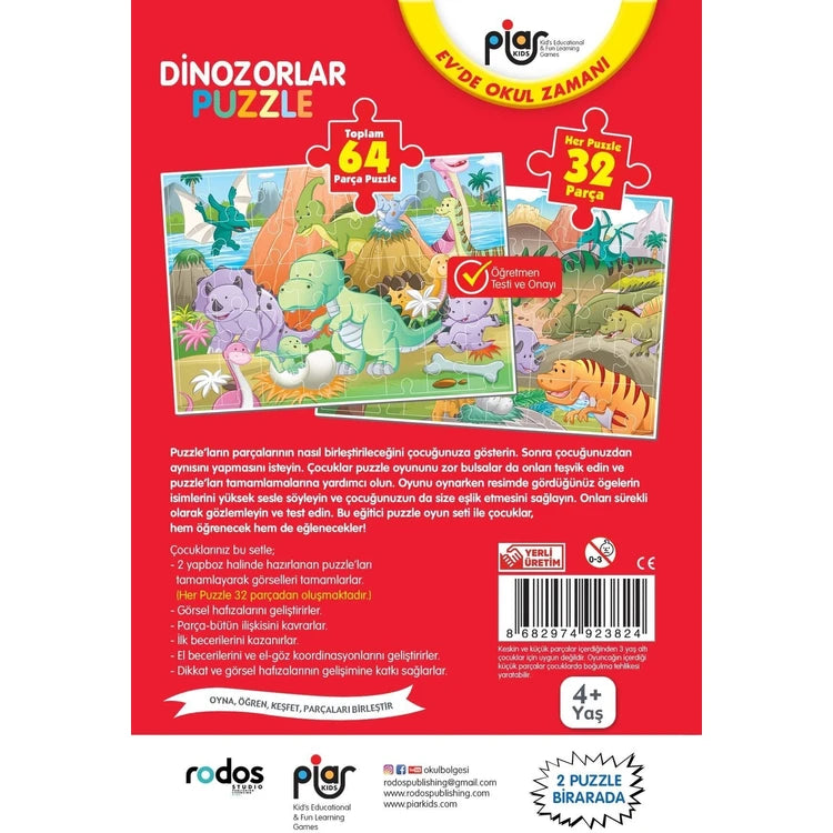 Piar Kids / Dinozorlar Puzzle / 64 Parça Puzzle / 2 Puzzle Bir Arada / 4+ Yaş