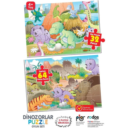 Piar Kids / Dinozorlar Puzzle / 64 Parça Puzzle / 2 Puzzle Bir Arada / 4+ Yaş