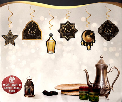 Eid Mubarak Ceiling Decoration - 6 Pcs - 70 Cm - Gold
